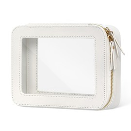 Clear Makeup Bag Cosmetic Organizer Case Waterproof Travel Toiletry Bag Skincare Pouch with Golden Zipper(Beige) (White)