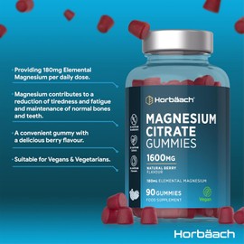 Magnesium Gummies 1600mg | Magnesium Citrate Providing 180mg Elemental Magnesium | Berry Flavoured | Supplement for Women & Men | 90 Vegan Gummies | by Horbaach