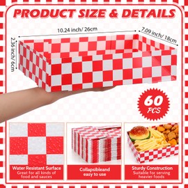 Large Red Checkered Cardboard Food Trays 10.24 x 7.09 x 2.36 Inches 4 Corner Paperboard Food Box Paper Snack Trays Red and White Disposable Food Holder for Popcorn Nacho Theater Carnival (60 Pcs)
