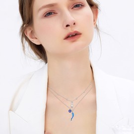 ROMANTICWORK Women's Layered Necklace Sterling Silver 925 Italian Horn Hand/Cats Double Multilayer Necklace Jewellery Gifts for Women Girls, Sterling Silver, Opal