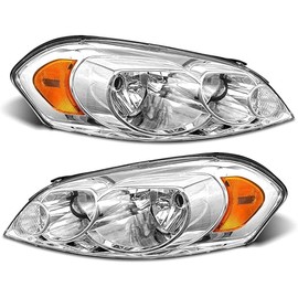 for 2006 2007 2008 2009 2010 2011 2012 2013 Chevy Impala Headlight Assembly compatible with 14-16 Impala Limited / 06-07 Monte Carlo Chrome Housing Amber Reflector Replacement Pair