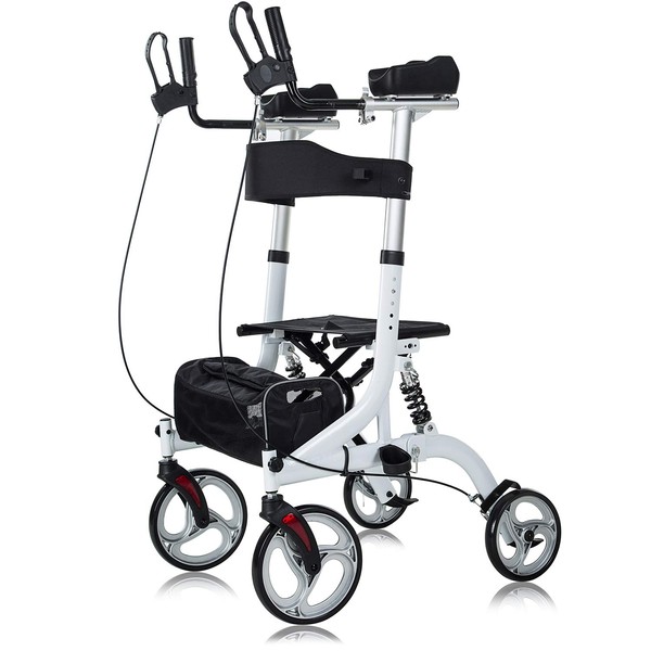 ELENKER Upright Rollator Walker, Stand Up Rollator Walker with Shock Absorber, 10” Front Wheels and Carrying Pouch, Suitable for Outdoor, White
