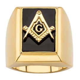 PalmBeach Men's Yellow Gold-Plated Rectangular Shaped Natural Black Onyx Masonic Ring Sizes 8-13 Size 11