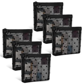 Fassave 6 Pack Mini Zipper Mesh Makeup Bags, Heart Print Nylon Cosmetic Bags Toiletry Bags for Office Travel Organization (Widened-Black, XS)