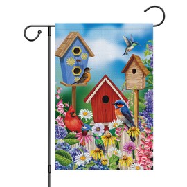 Wodison Spring Summer Garden Flag 12x18 Double Sided, Burlap Small Cardinal Birdhouse Bird Floral Flags for Farmhouse Yard Outdoor Decoration