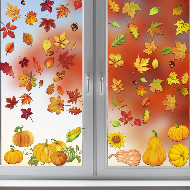 Fall Window Clings Double Sided Pumpkin Leaves Window Stickers Removable