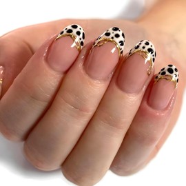 30 Pcs French Tip Press on Nails Almond Medium Fake Nails Leopard Print Nail Tips 3D Gold Acrylic Nails Cute Nails Press ons Reusable Glue on Nails for Women Leopard French Manicure