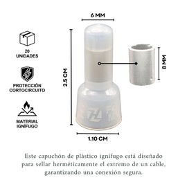 Capuchón para Conexión Eléctrica Tipo A, 60 Piezas, Sella Cables, Plástico de Alta Durabilidad, Conexión a Presión, Medidas 1x2.5 cm, Certificado CE5, Empalme Final Tipo A, GS