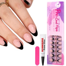 CUZIAM Black French Press on Nails Almond Short, 64pcs 16 Sizes Soft Gel Glossy Reusable Perfectly Fit Glue On Nails, Natural Stick on Nails Easy Salon Manicure with 6g Solid Nail Glue Kit