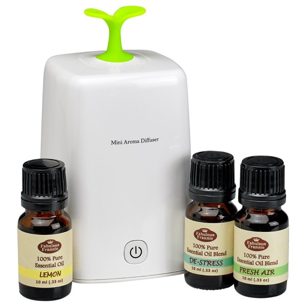 Fabulous Frannie Nebulizing Aromatherapy Diffuser Set with Pure, Therapeutic Un-Diluted Essential Oils Lemon, De-stress & Fresh Air