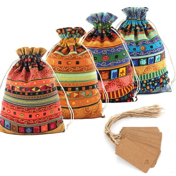 24 Pieces Egyptian Ethnic Style Jewelry Candy Pouch,4 x 6 Inch Small Drawstring Gift Bags Cotton Cloth Sachet for mexican party decorations Coin theme Favor Wedding Holiday (4 x 6inch,Mixed Color)