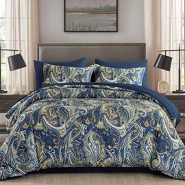 DJY Paisley Comforter Set Queen Size 7 Piece, Navy and Gold Boho Bed in a Bag, Soft Microfiber Paisley Pattern Complete Bedding Set for All Season (90''x90)
