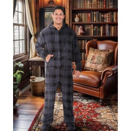 Alexander Del Rossa Adult Onesies for Men, Mens Onesie Pajamas Adults, Fleece Onesie for Men, Hooded Footed Mens Onsie Gray Plaid XL (A0320R40XL)