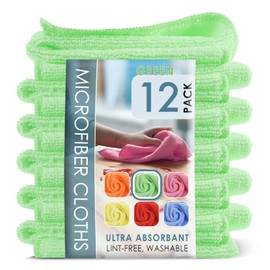 Hearth & Harbor 12 Pack Microfiber Washcloths, Green, 12"x12", Lint Free, Scratch Free, Reusable