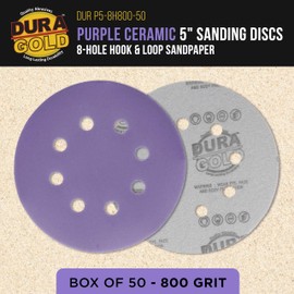 Dura-Gold Premium 800 Grit 5" Purple Film Ceramic Sanding Discs, 8-Hole Pattern, Box of 50 - Dustless Hook & Loop Backing Sandpaper for DA & Random Orbital Sanders - Sand Auto Paint, Wood, Woodworking