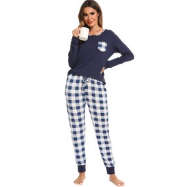 Vlazom Pyjamas Set for Women, Soft Two Pieces Pj's Sets Long Sleeve Tops and Plaid Pants Sleepwear with Pockets Blue, XXL
