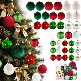 Velvet Christmas Tree Ornaments Balls- 36 Pcs 3 Size Shatterproof Xmas Ornaments Bulbs Decor Set- Multicolor Red/White/Green Hanging Flocked Decorations Assortment Bulk for Holiday Party Home Decor