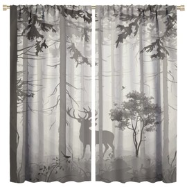 Deer Blackout Curtain,Grey Misty Forest Rustic Wildlife Moose Mountain Elk Pine Forest Silhouette Window Curtains for Living Room Office Decor Window Drapes,2 Panels W42 xL45