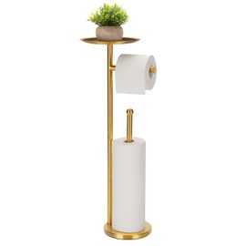 Kalitro Toilet Paper Holder Freestanding with Big Shelf, 4 Rolls Reserve Paper Holder Stand, Modern Paper Roll Holder with Storage Space for Phones (Gold)