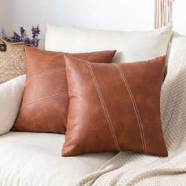 GEGELICA Set of 2 Faux Leather Farmhouse Decorative Throw Pillow Covers Brown, 20X20 Inch Modern Boho Cognac Striped Accent Square Pillow Covers, for Home Decor Room Couch Bed Living Bedroom Outdoor
