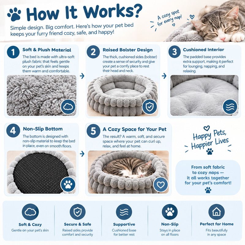 Round Plush Pet Bed for Cats & Rabbits, Thick Warming