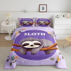 Feelyou Sloth Comforter Set Kids Cute Sloth Bedding Set Tree Branches Comforter for Women Men Room Decor Lightweight Purple Quilt Set with 1 Pillow Case