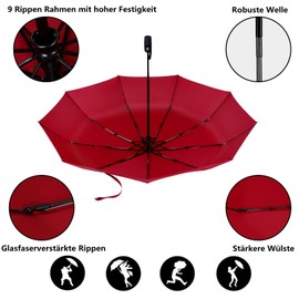 AMVUZ Umbrella Storm Proof Travel Windproof Open-Close Automatic Pocket Umbrella, 210T Teflon Coating Umbrella, red