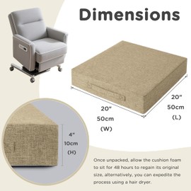 AddGrace Recliner Cushions for Elderly Thick Seat Cushion 20"x20"x4" Chair Pads with Non Slip Backing and Washable Cover for Couch Armchair Chairs Beige