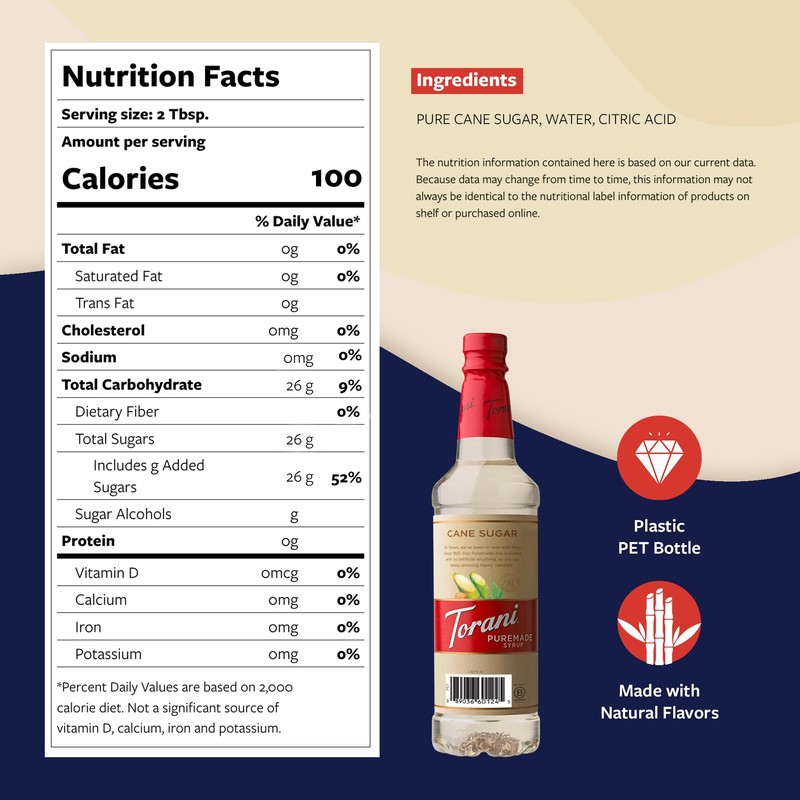 Torani Puremade Cane Sugar Syrup, Simple Syrup for Drinks &