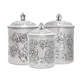 Old Dutch Embossed Butterfly canisters, 4, 2, 1.5 quarts, gray