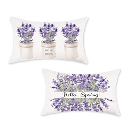 ONWAY Spring Lavender Pillow Covers 12x20 Inch Set of 2 Farmhouse Purple Floral Flowers Decorative Hello Spring Holiday Cushion Cases for Sofa Couch Home Decorations