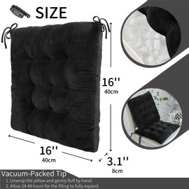MissSoul 2 Pack Square Seat Cushions - Velvet & Slow-Rebound Foam Chair Pads Chair Pillow Cushion with Anti-Slip Ties for Kitchen, Dining, Office Chairs, Tatami (16"x16", Black)