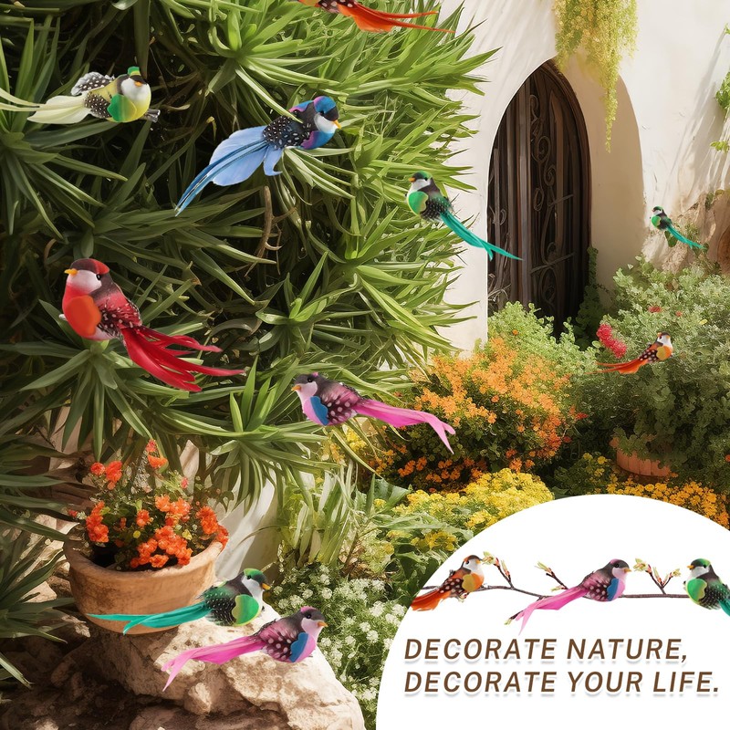 Dwafill 12 Pcs Multicolor Artificial Feather Garden Birds Clip Birds