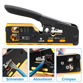 RJ45 Crimpzange Netzwerk Werkzeug Set, SOARFLY Pass Through Crimpwerkzeug für Cat5/Cat6/CAT7, 50x RJ45 Stecker, Abisolierzange mit Netzwerktester, Kompatibel RJ11/RJ12/RJ45 LAN-Kabel