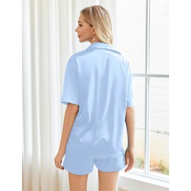 Ekouaer Womens Silk Pajama Set Short Sleeve Sleepwear Button Down Nightwear Top and Shorts Cute Lounge Set Satin Matching Set,Light Blue,M