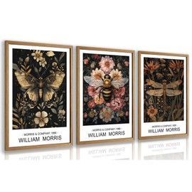 Cyebmo William Morris Wall Art, Vintage Floral Wall Decor, Dark Botanical Art Prints, Butterfly Bee Dragonfly Nature Artwork for Living Room Bedroom Bathroom Wood Framed Ready to Hang 16"x24"x3