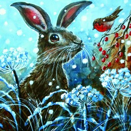 GBCC The Almanac Gallery Pack of 6 Artistic Charity Christmas Cards - 'Festive Hare and Robin' - 6 Cards of 1 Illustrated Design - From The Great British Card Company, multi, 141 x 141 mm