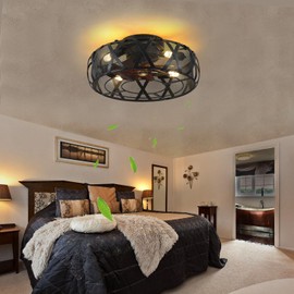 Caged Ceiling Fans with Lights Flush Mount,Low Profile Ceiling Fan with Remote,Enclosed Ceiling Fan for Bedroom Living Room,20"Smart Bladeless,6 Speeds Reversible Silent Fandalier(5 E26 bulb Include)