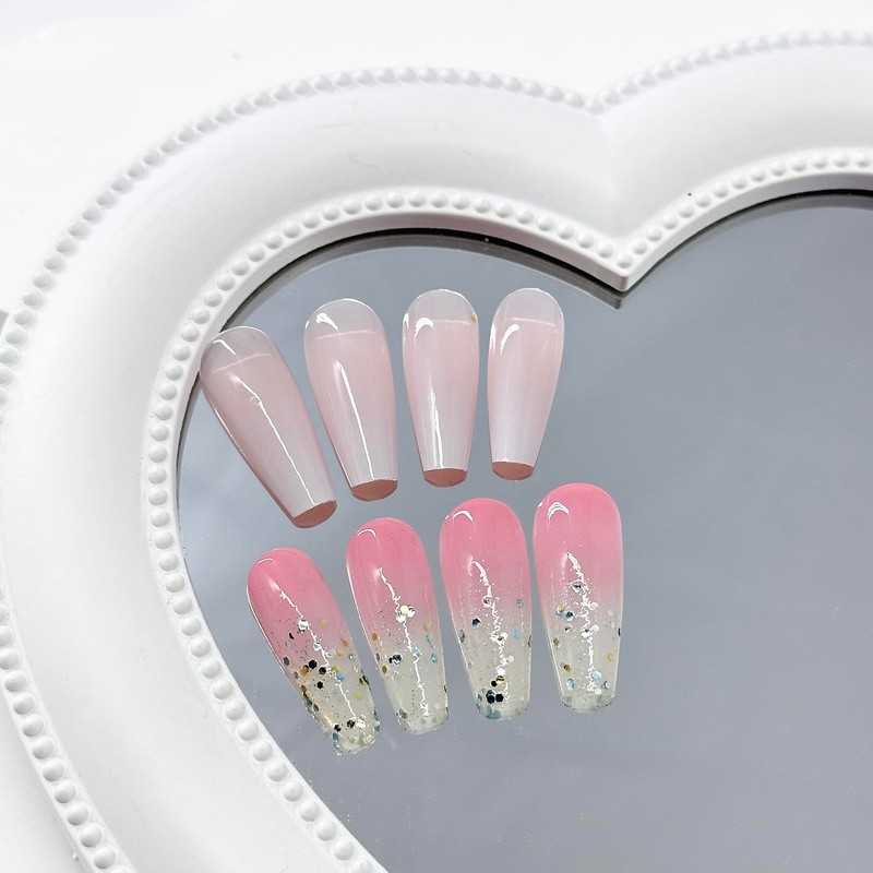 Press on Nails Medium Coffin Bling Fake Nails SWEKKE Pink