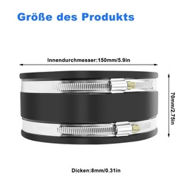 Diameter 150 mm Flexible Rubber Sleeve - Rubber Coupling with Stainless Steel Clamps - Pipe Connector for Pipe Fan, Ventilation System, Ventilation System, Round Pipe, Ventilation Duct, Carbon Filter,