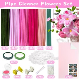 NafuXiaJJia 5-Color Pink Pipe Cleaner Flower Kit,300 Pcs Pipe Cleaners Craft, with 1 Roll Fluffy Yarn,50 Pearls,100 Flower Stamens,15 Floral Wire,2 Floral Tape,2 Wrapping Paper,Ribbon and Instruction
