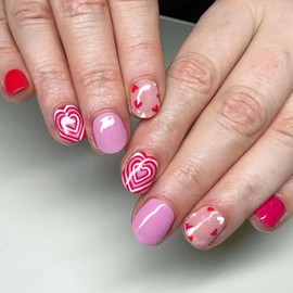 BABALAL Square Press on Nails Short Fake Nails Pink Red Heart Swirl False Nails Love Squoval Full Cover Stick on Nails Glossy Acrylic Glue on Nails for Women 24Pcs Nails Press ons