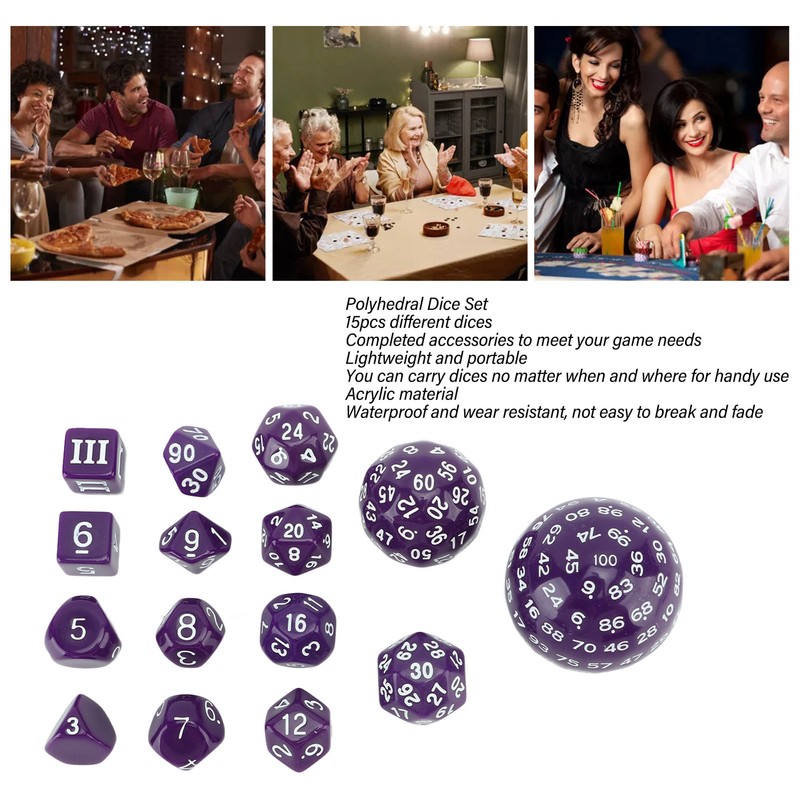 15pcs Polyhedral Dice Set 3 to 100 Sides Complete Polyhedral