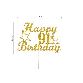91 Birthday Cake Topper Gold Glitter, 91st Party Decoration Ideas, Premium Quality, Sturdy Doubled Sided Glitter, Acrylic Stick. Made in USA
