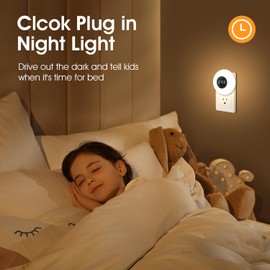 Kids' Nightlights with Clock & Remote, 3 Color Dimmable Plug-in Night Light, Auto Timer for Bathroom & Toilet