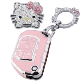 Pangpai Pink Car Accessories 3 Pcs for 2018-2022 Jeep Gladiator Wrangler Sahara Rubicon Key Fob Cover with Bling Keychain Cute Push to Start Button Cover