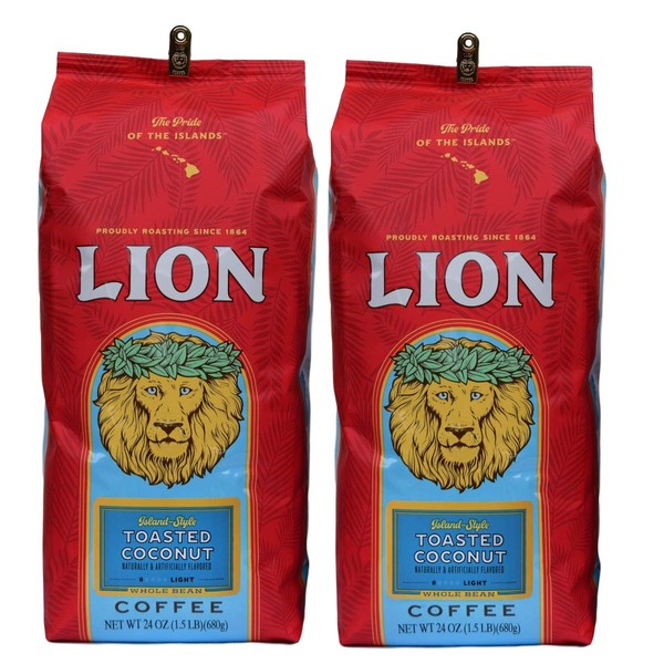Lion Coffee, Toasted Coconut Flavor, Light Roast, Whole Bean, 24 Ounce Bag (Pack of Two)