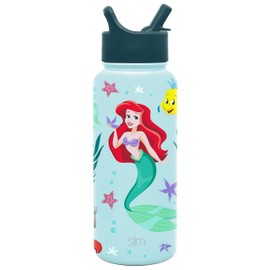 Botella de agua aislada con tapa de pajita reutilizable de acero inoxidable con boca ancha, 32 onzas, The Little Mermaid Ariel's Treasures