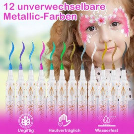 12 Colours Face Paint Children's Make-Up, Tattoo Pens Children, Double Ends Body Painting Colours Pens for Theatre Make-Up, Glitter Tattoo Set Children Skin-Friendly for Children Adults