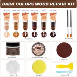 Walnut Wood Furniture Repair Kit, 6 Colors Wood Filler with Wood Putty, Wood Polish Wax for Holes, Scratches, Cracks, Stains, Restore Tables, Doors, Floors, Cabinet, Oak, Walnut - Set of 15